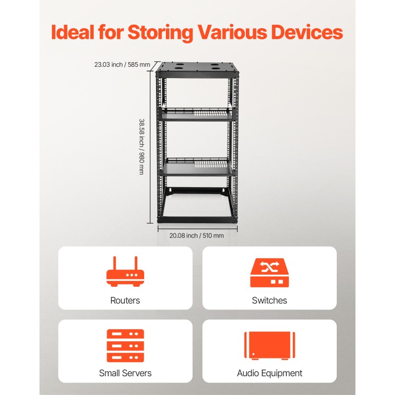 Avokehikkoinen 20U verkkoteline nelipilarinen hiiliteräs 585 mm syvyys seinä tai lattia