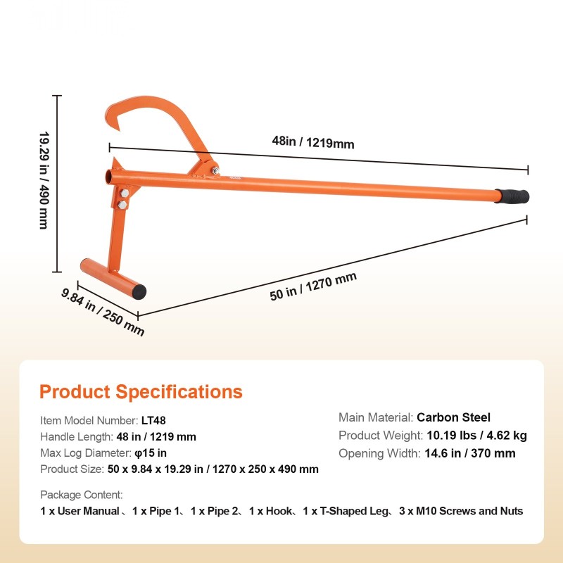 Puutavaranostin 1219 millimetriä varsi hiiliteräsrakenne säädettävä koukku enintään 15 tuumaa
