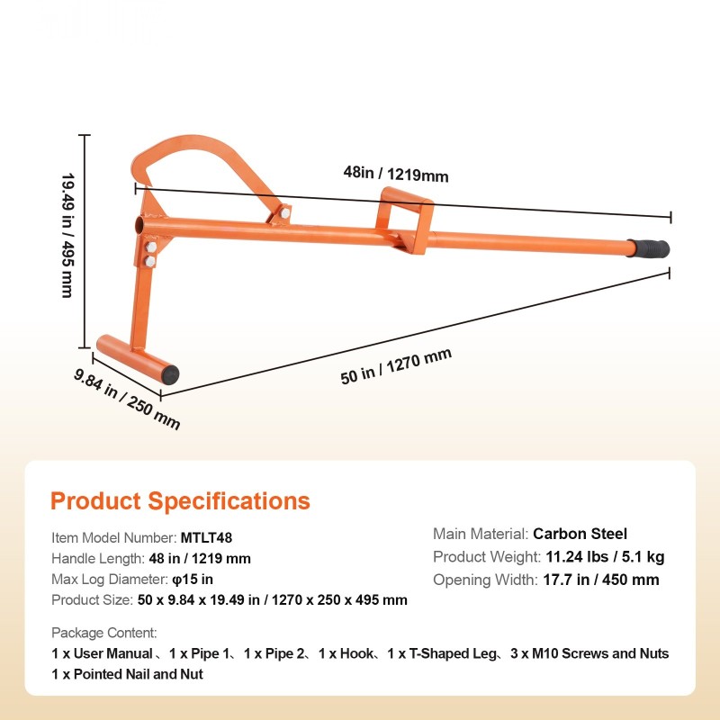 Tukinnostin hiiliteräksinen monitoiminen 1219 mm säädettävällä koukulla maksimihalkaisija 15 tuumaa