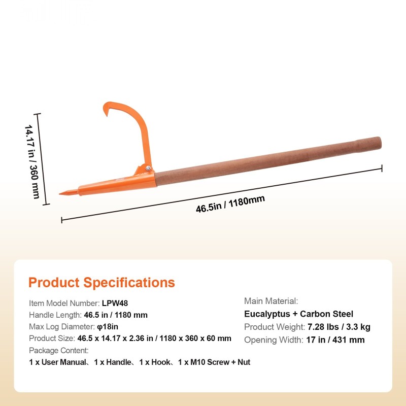 Puutavarankääntäjä 1180 mm eukalyptuspuukahvalla hiiliteräsrunko säädettävällä koukulla 18 tuuman tukkeihin