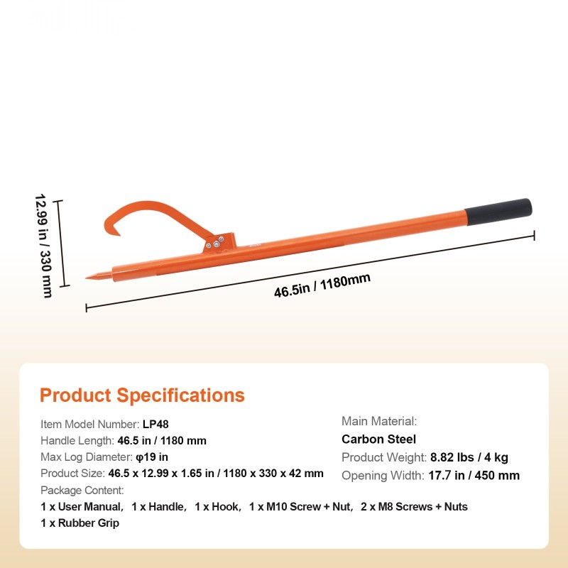 Tukinkääntäjä hiiliteräs 1180 mm varsi 450 mm avaus ruosteenkestävä pinnoite