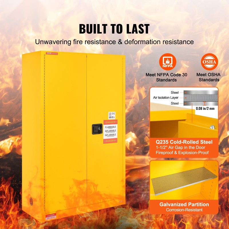 Palavien nesteiden turvakaappi Q235 kylmävalssattu teräs 170,3 l keltainen 2 säädettävää hyllyä