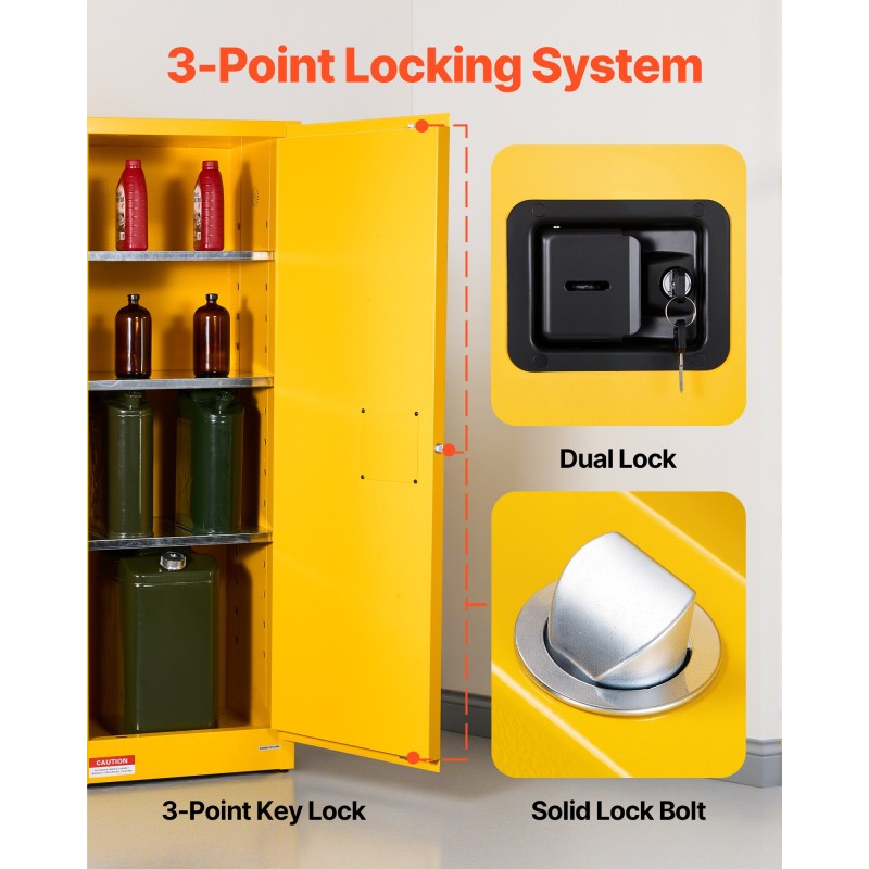 Paloturvallinen säilytyskaappi kylmävalssattu sinkitty teräs 59×46×165 cm 23 gallonaa keltainen säädettävät hyllyt