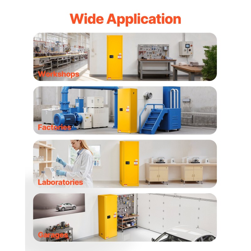 Paloturvallinen säilytyskaappi kylmävalssattu sinkitty teräs 59×46×165 cm 23 gallonaa keltainen säädettävät hyllyt