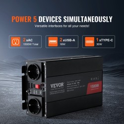 Muokattu siniaaltoinvertteri 1500W 12V 230V 2 AC 2 USB C portti alumiiniseoskuori