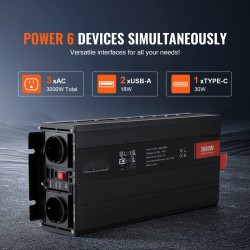 Virranmuunnin 3000W muokattu siniaalto 12V–230V 3 AC-pistorasiaa 2 USB-porttia 1 Type-C-portti