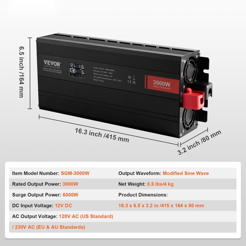 Virranmuunnin 3000W muokattu siniaalto 12V–230V 3 AC-pistorasiaa 2 USB-porttia 1 Type-C-portti