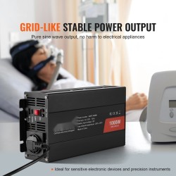 Puhdas siniaaltoinvertteri 12V 230V 1000W alumiinikuori kaksi AC-pistorasiaa kaksi USB-porttia yksi Type-C-portti