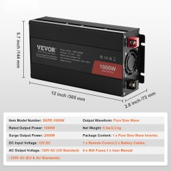 Puhdas siniaaltoinvertteri 12V 230V 1000W alumiinikuori kaksi AC-pistorasiaa kaksi USB-porttia yksi Type-C-portti