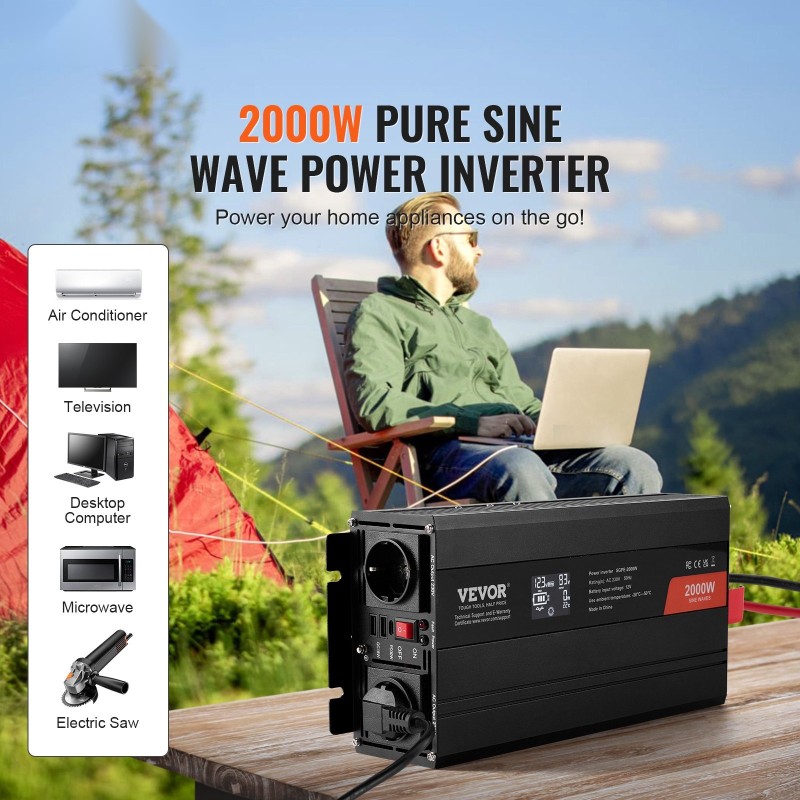 Puhdas siniaaltoinvertteri 12V–230V 2000W 2 AC-pistorasiaa 2 USB-porttia USB-C-portti LCD kauko-ohjain