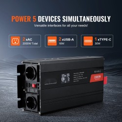 Puhdas siniaaltoinvertteri 12V–230V 2000W 2 AC-pistorasiaa 2 USB-porttia USB-C-portti LCD kauko-ohjain