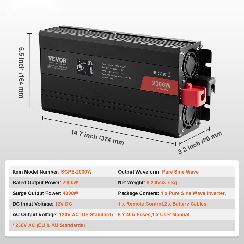 Puhdas siniaaltoinvertteri 12V–230V 2000W 2 AC-pistorasiaa 2 USB-porttia USB-C-portti LCD kauko-ohjain