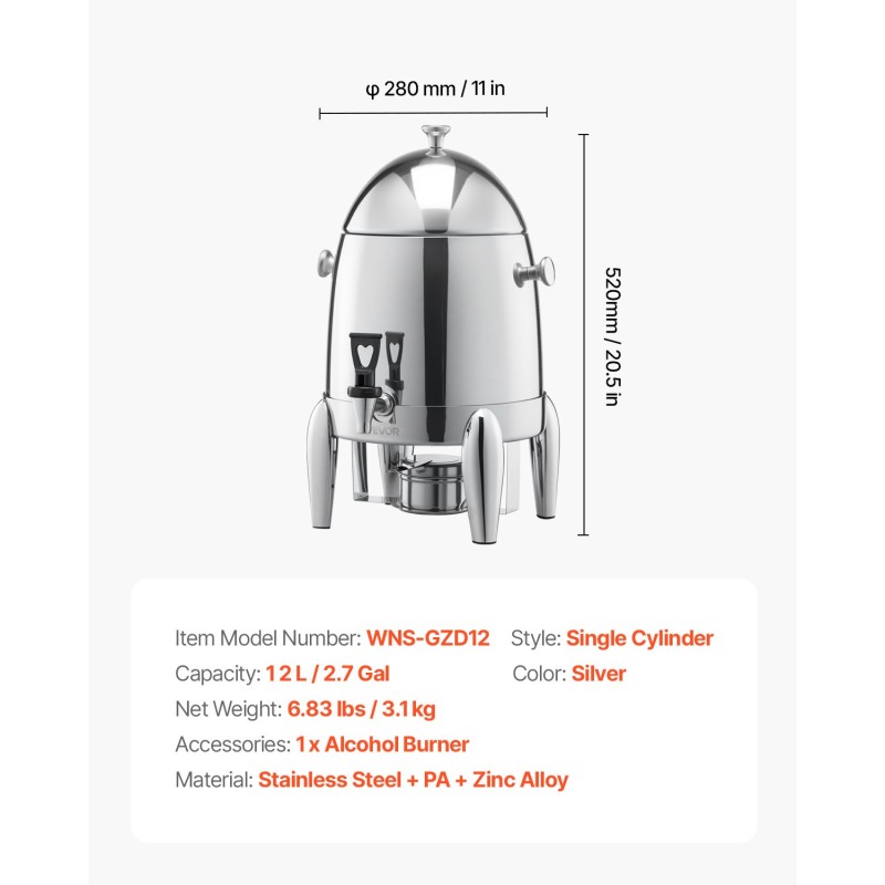 Juoma-annostelija 12 l ruostumaton teräs tiivis hana kuumille ja kylmille juomille