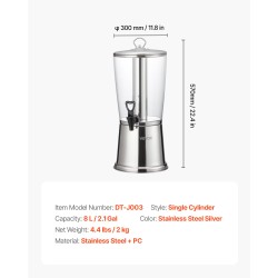 Juoma-annostelija 8 L ruostumaton teräs ja elintarvikekäyttöön soveltuva PC-muovi tippumattomalla hanalla