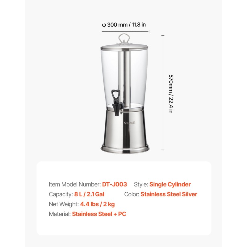 Juoma-annostelija 8 L ruostumaton teräs ja elintarvikekäyttöön soveltuva PC-muovi tippumattomalla hanalla