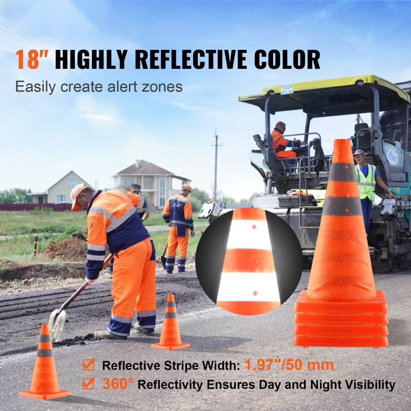 Kokoontaitettavat oranssit turvakartiot 18-tuumaiset 4 kpl heijastavilla kauluksilla leveällä pohjalla