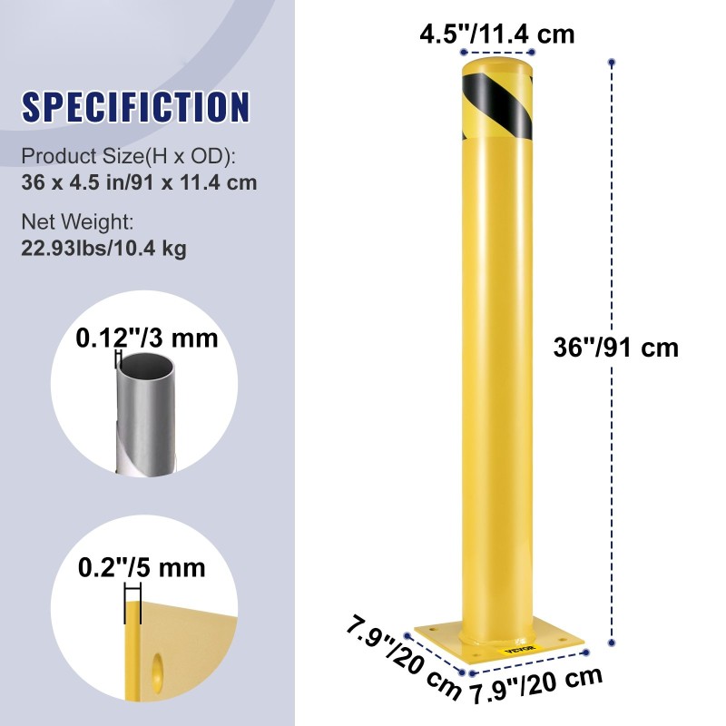 Teräksinen turvapaalu 91cm halkaisija 11,4cm 3mm seinämä 2 kpl keltamusta 8 ankkuripulttia