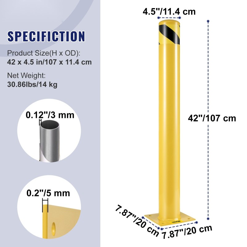 Teräksinen turvapollari 107 cm korkea 11,4 cm halkaisijalla 2 kpl keltamusta