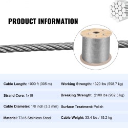 Ruostumaton T316 teräsvaijeri 1x19 3,2 mm 300 m kaiteisiin