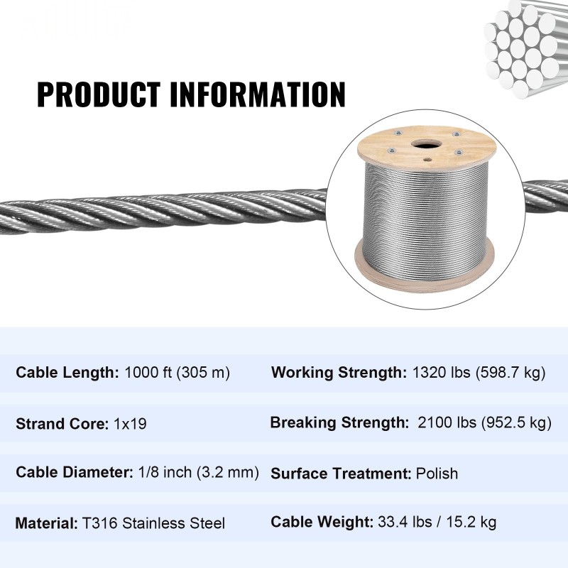 Ruostumaton T316 teräsvaijeri 1x19 3,2 mm 300 m kaiteisiin