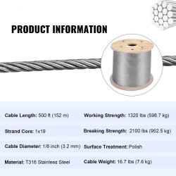 Ruostumaton teräsvaijeri T316 1x19 3,2 mm 150 m kaiteisiin