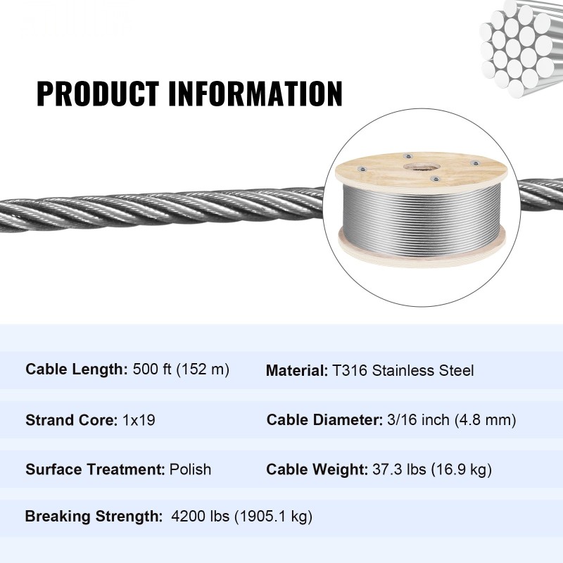 Teräsvaijeri 316-ruostumaton 4,8 mm 152 m 1x19-rakenne murtolujuus 1905 kg kaidevaijeriksi