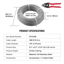 Ruostumaton 316-teräsvaijeri 3,18 mm 91,5 m 7x7 säikeinen kaidekäyttöön leikkuri mukana