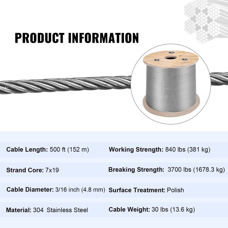 Ruostumaton 304-teräsvaijeri 4,76 mm 7x19-rakenne 150 metriä kela