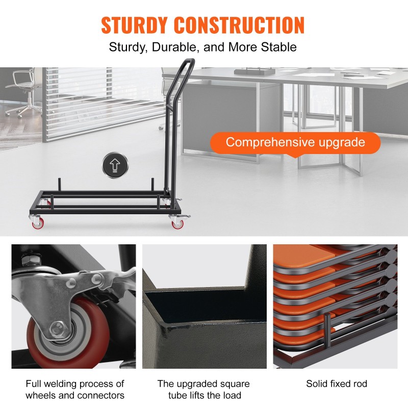 Taittotuolivaunu rautarunkoinen kapasiteetti kaksitoista taittotuolia neljä lukittavaa pyörää mattamusta tasopinoille