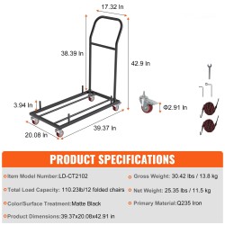 Taittotuolivaunu rautarunkoinen kapasiteetti kaksitoista taittotuolia neljä lukittavaa pyörää mattamusta tasopinoille
