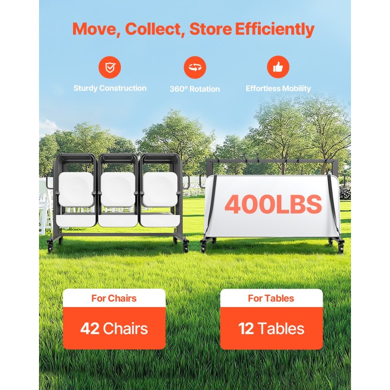Taittotuolien kuljetuskärry Q235-rautainen runko 42 tuolia 181 kg jarrulliset pyörät mattamusta