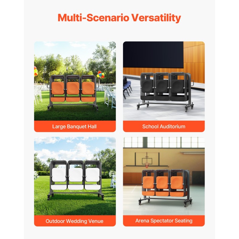 Taittotuolien kuljetuskärry Q235-rautainen runko 42 tuolia 181 kg jarrulliset pyörät mattamusta