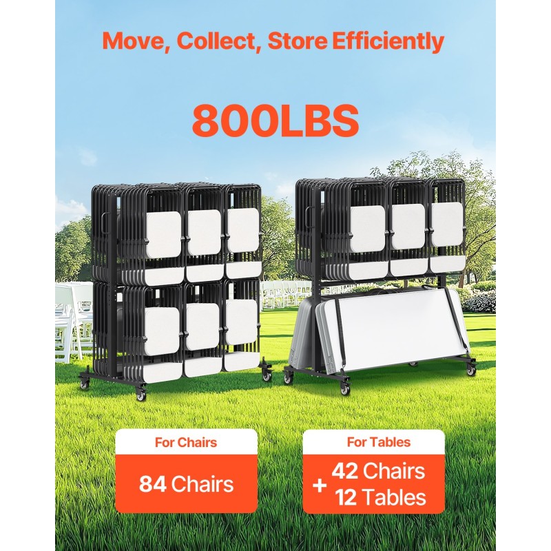 Taittotuolivaunu teräsrunko kaksitasoinen kahdeksankymmentäneljä tuolia mattamusta jarrullisilla kumipyörillä