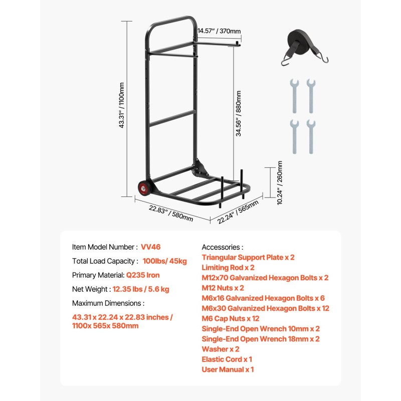 Taitettavien tuolien säilytyskärry Q235-rauta 10 tuolia kantavuus 45kg kumipyörät mattamusta