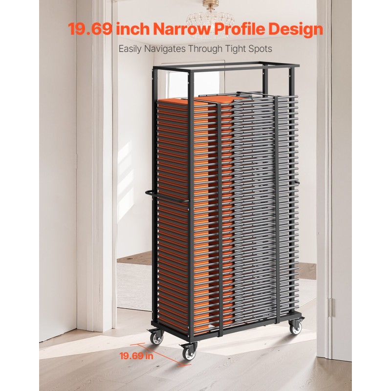 Metallinen taittotuolikärry Q235-rauta 60 tuolia 227 kg kantavuus lukittavat kääntöpyörät mattamusta