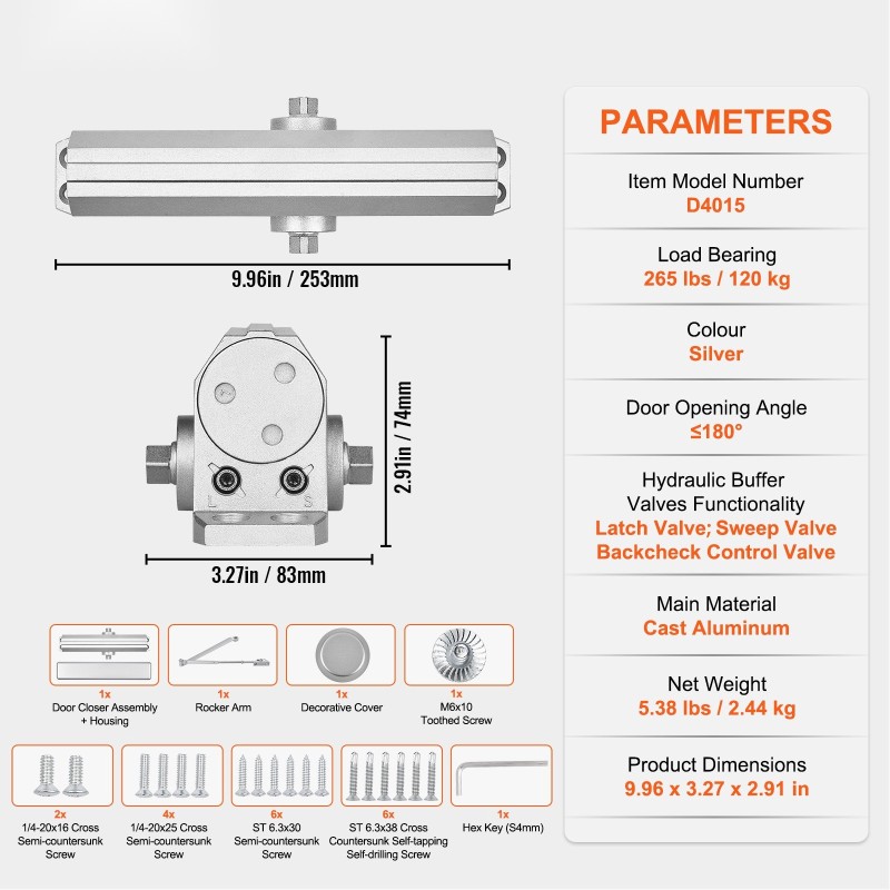 Hydraulinen ovensuljin painevalettu alumiinirunko enintään 120 kg oville säädettävä sulkeutumisnopeus ja loppulukitus