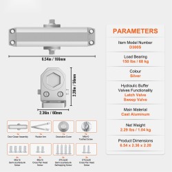 Hydraulinen ovensuljin valettu alumiinirunko 68 kg kantavuus säädettävä sulkeutumisnopeus hopeanvärinen