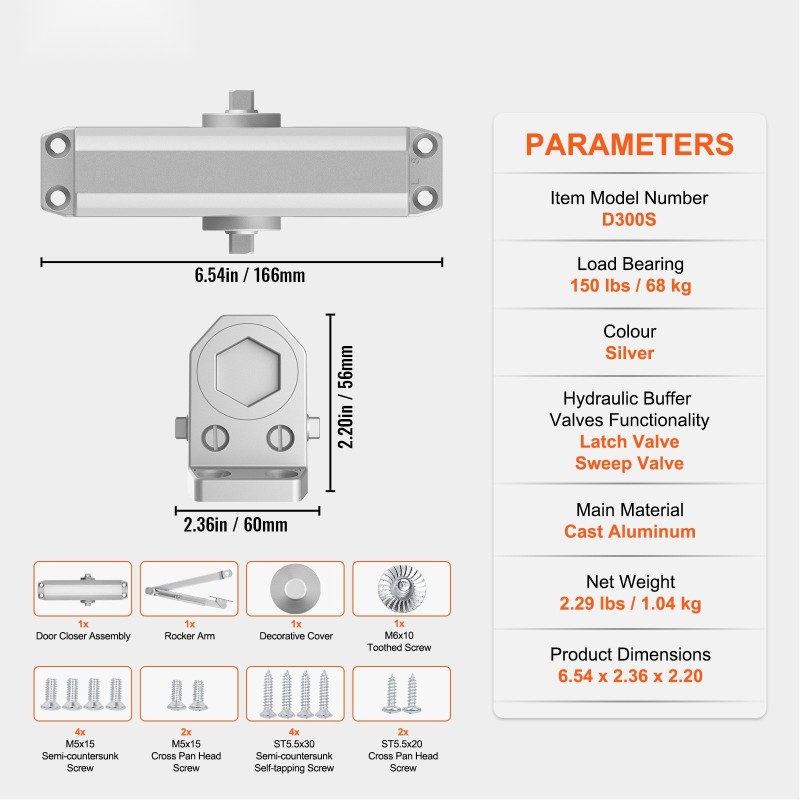 Hydraulinen ovensuljin valettu alumiinirunko 68 kg kantavuus säädettävä sulkeutumisnopeus hopeanvärinen