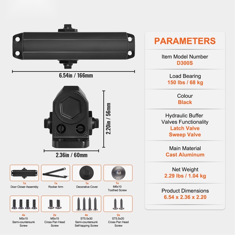 Hydraulinen ovensuljin valualumiinirunko 68 kilogramman kantavuudelle säädettävä sulkeutumisnopeus musta malli D300S