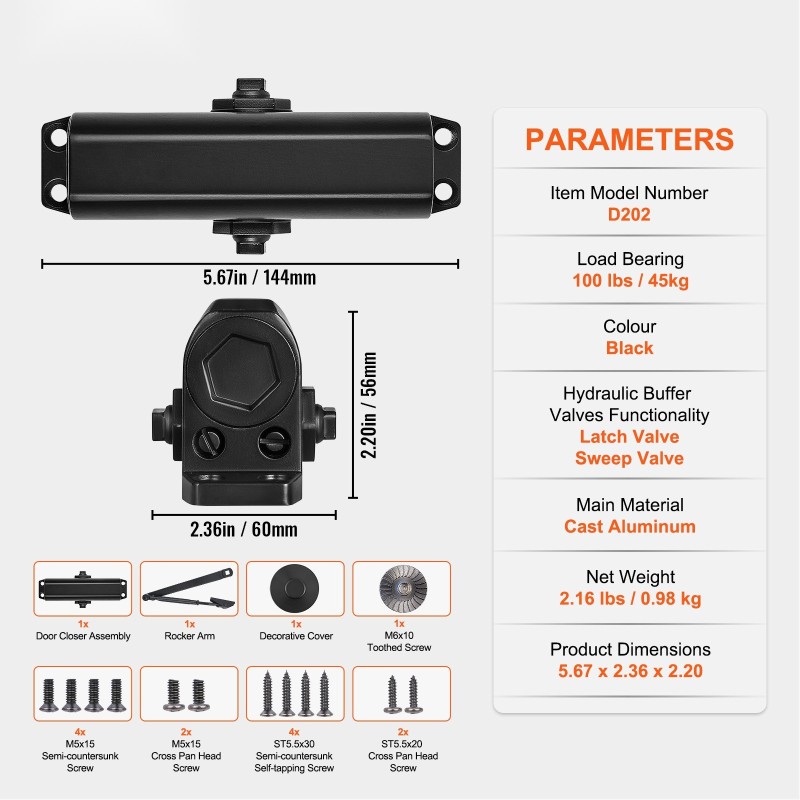 Hydraulinen ovipumppu valualumiinirunko 45 kg kantokyky musta sisä ja ulko-oviin