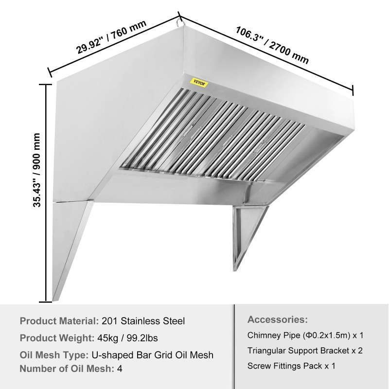 Liesikupu 201-ruostumatonta terästä 2,74 m leveä 4 irrotettavaa U-muotoista öljysuodatinta ruokarekkoihin