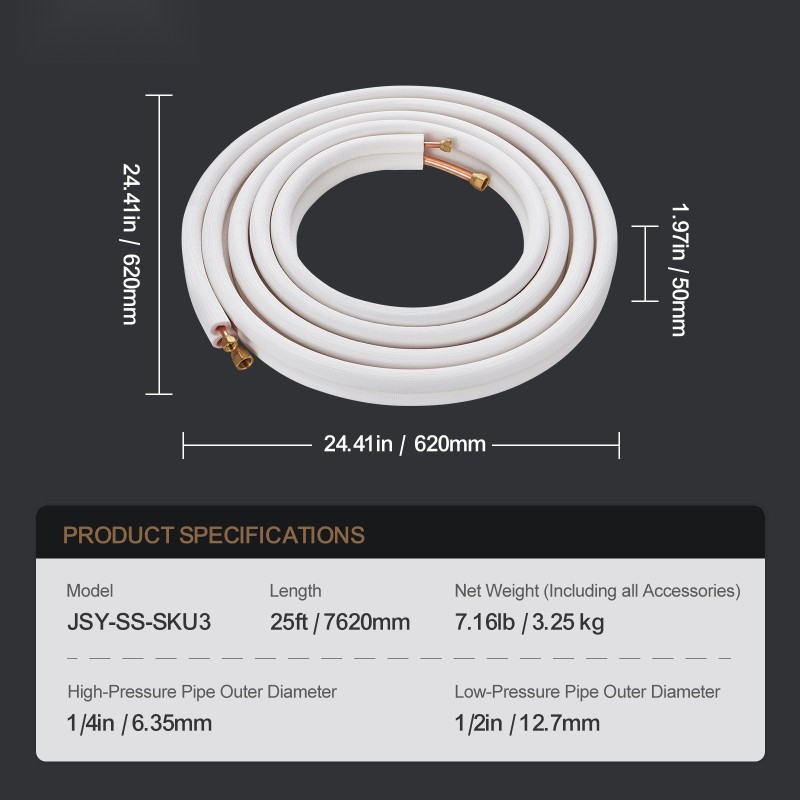 Mini-split kupariputkistosarja 7620 mm 6,35 ja 12,7 mm kolmikerroksisella eristyksellä