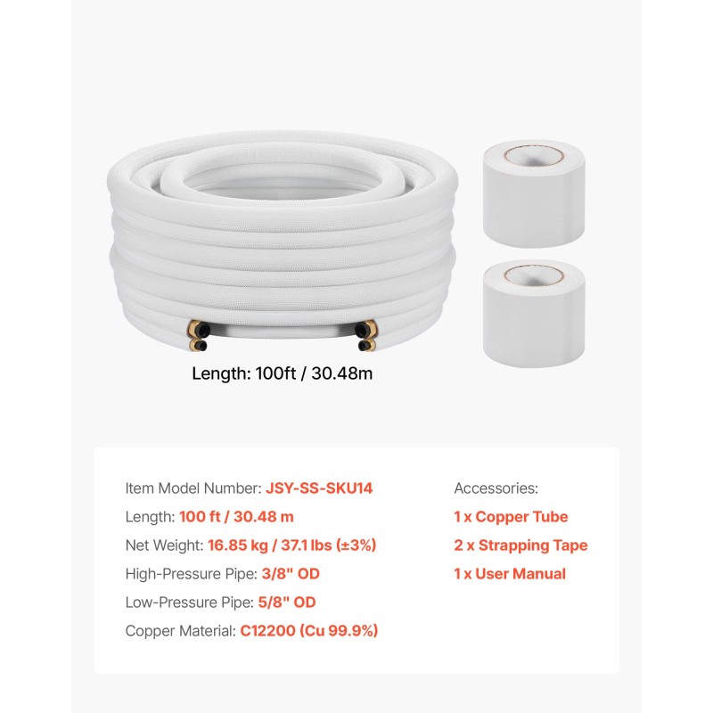 Mini split putkistosarja 30,5 m kuparia 9,5 ja 15,9 mm PE-eriste