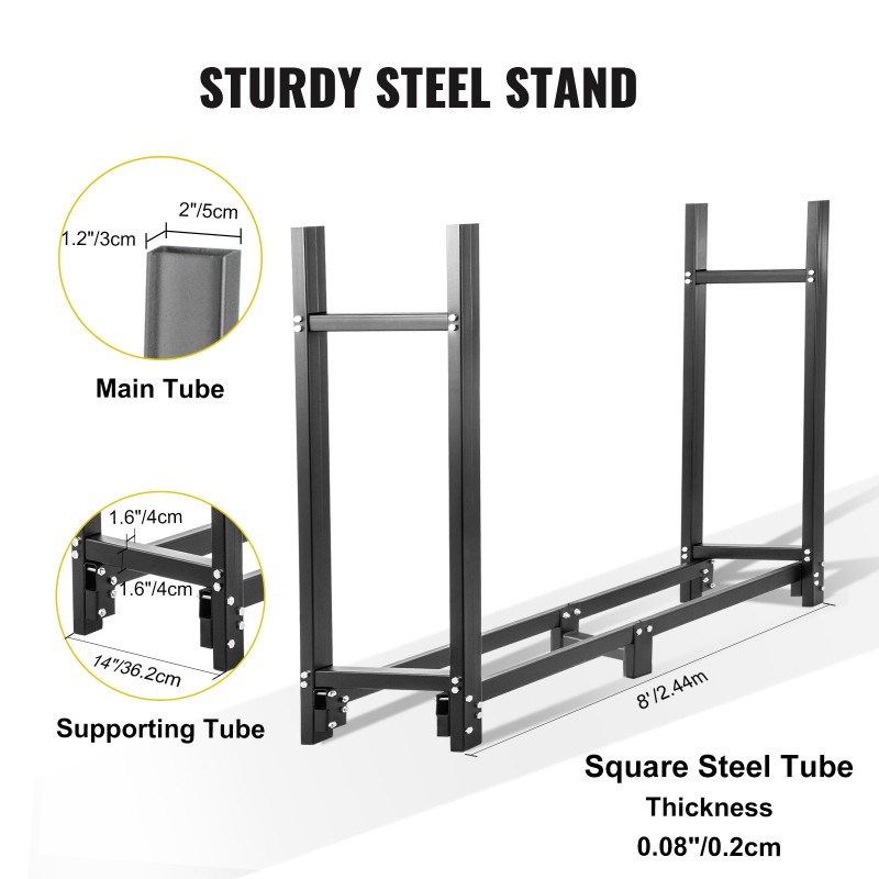 Teräksinen polttopuuteline musta 244,5×36,2×122 cm 590 kg ulkokäyttöön suojapeitteellä