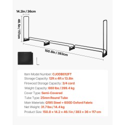 Polttopuuräkki kaareva teräsrunko 600D suojapeitteellä 383 x 36 x 117 cm ulkokäyttöön