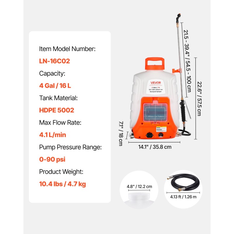 Reppuruisku akkukäyttöinen 15,1 litran säiliö 12 voltin 8 amperitunnin litiumakku kestävä muovirakenne
