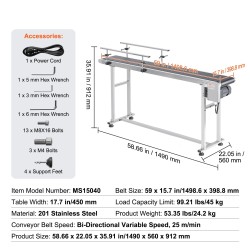Moottoroitu PVC-kuljetinhihna 201-ruostumaton teräsrunko 1498 x 399 mm antistaattinen portaaton nopeudensäätö