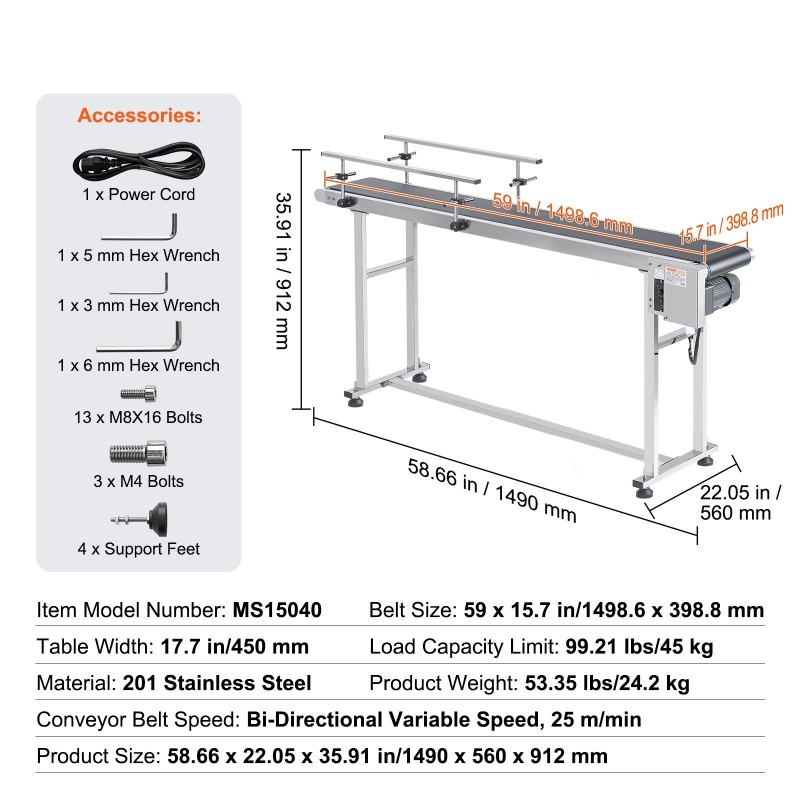 Moottoroitu PVC-kuljetinhihna 201-ruostumaton teräsrunko 1498 x 399 mm antistaattinen portaaton nopeudensäätö