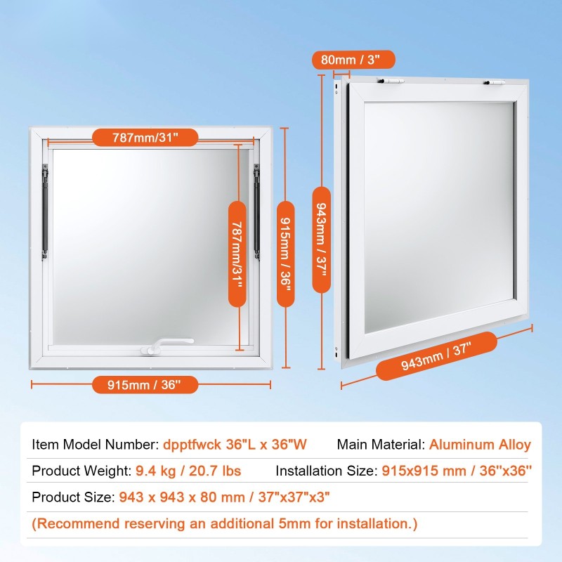 Myyntiluukku alumiiniseosrunko 915x915 mm asennuskoko 85 asteen avautumiskulma sinkityt osat sopii ruokavaunuihin