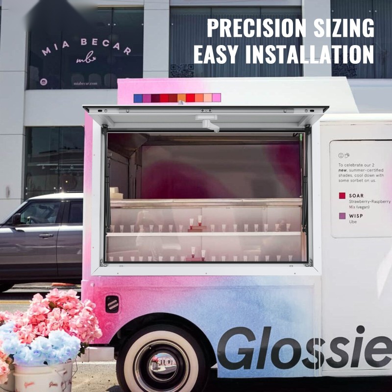 Myyntiluukku ruokavaunuille ja myyntikojuille 915x610 millimetriä alumiiniseosrunko avautuu 85 astetta